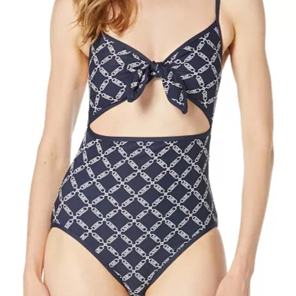NWOT. Michael Kors Blue and White Geometric One Piece Swimwear